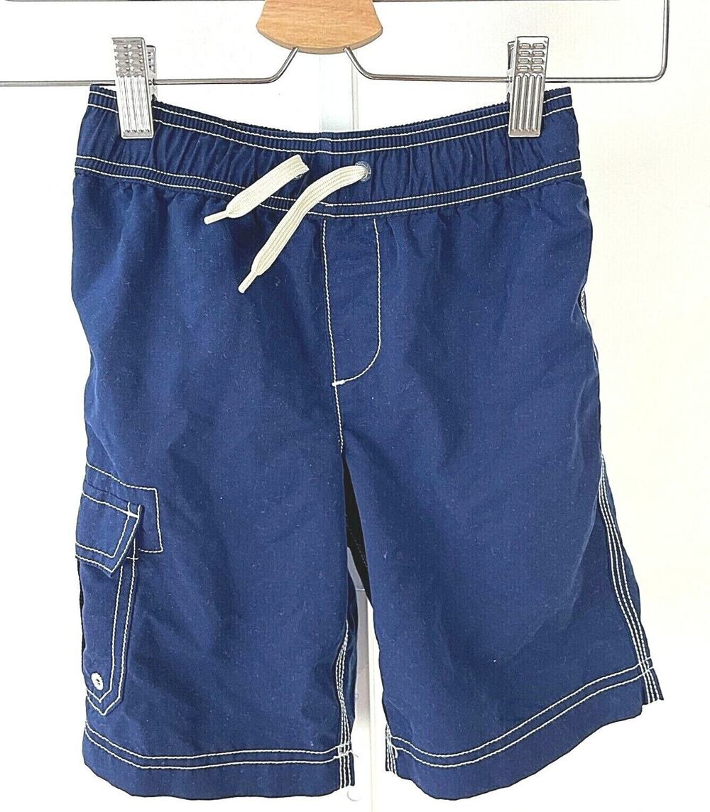 LANDS' END Boys 7 Slim 7S Swim Trunks Cargo Pocket Swimsuit Navy Blue Mesh Liner